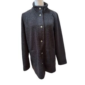 Susan Graver Weekend Sherpa Fleece Jacket Black Mock Neck Button Front Women L‎